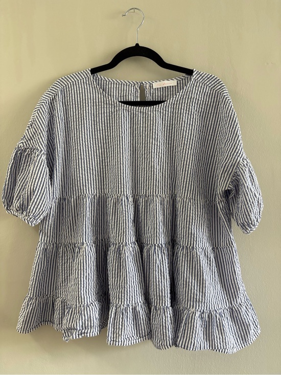 Ces Femme Tops - Ces Femme Blue White Striped Tiered Babydoll Top Large 100% Cotton Puff Sleeve